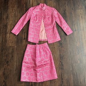 Vintage Pink and Silver Metallic Brocade High Waisted Skirt and Blazer Set